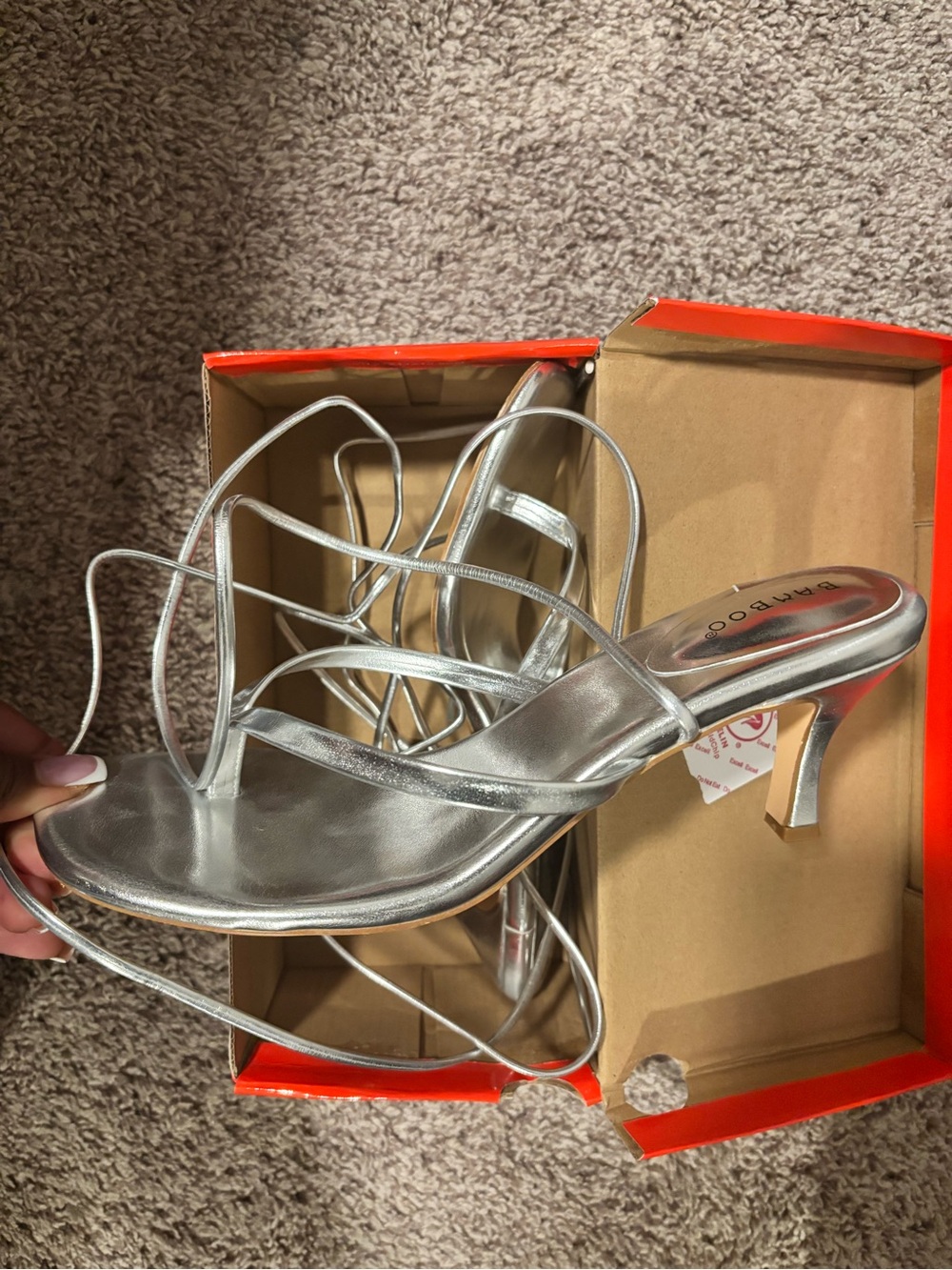 BAMBOO Silver Strappy Mid-Kitten Heel Sandals